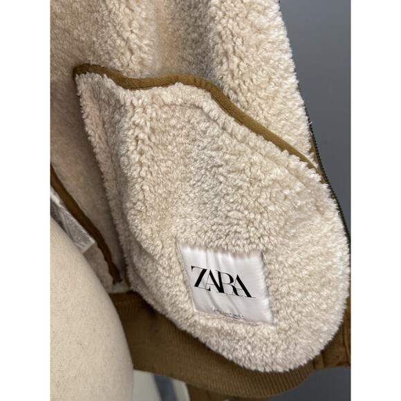 Zara Men's Faux-Suede Soft Tan and Cream Sherpa Lined Soft Bomber Jacket Size L - Picture 12 of 16